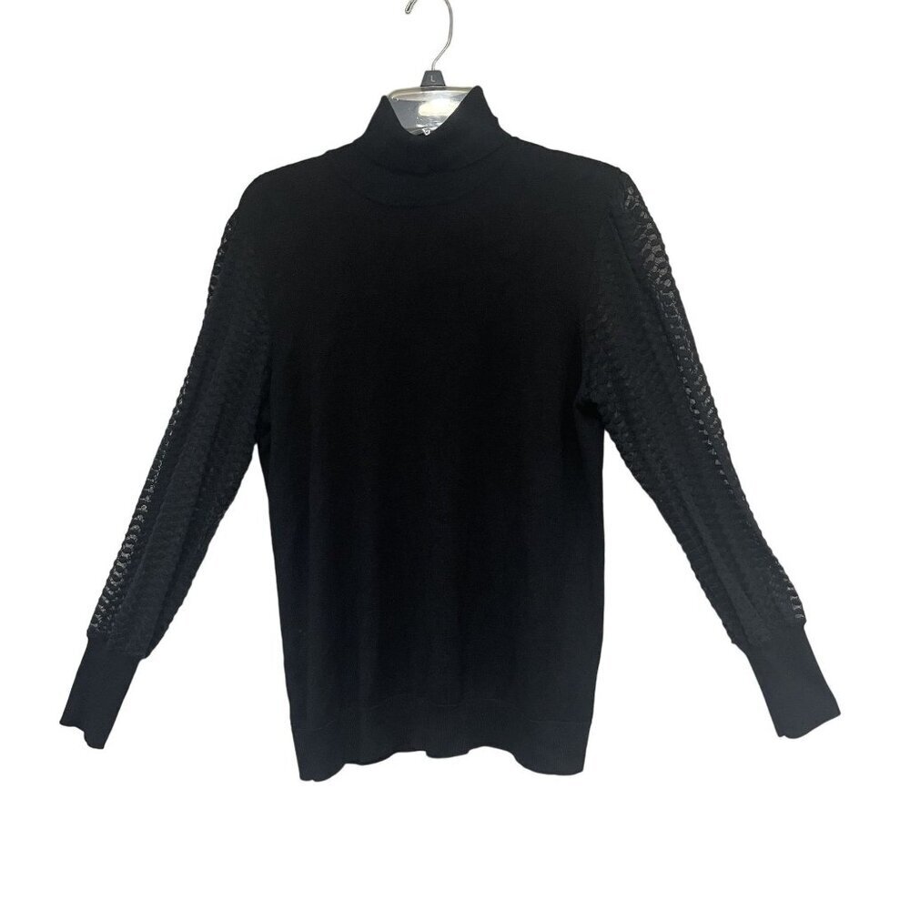 Adrianna Papell Black Turtleneck Sweater Textured Sheer‎ Sleeves Size Large